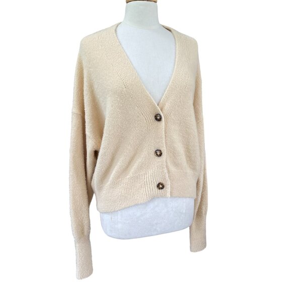 Urban Outfitters Oversized Puff Sleeve Button Cardigan Cream Slouchy Fuzzy-S - Picture 13 of 13